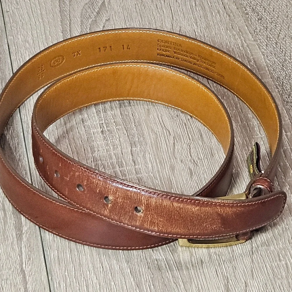 Trafalgar Mens Cortina Brown Leather Dress Belt 36 Made in USA Brass Buckle